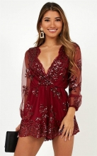 Red Long Sleeve Mesh V-Neck Sequins Sexy Rompers