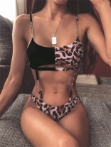 Black Leopard Halter Chains Sexy Bikinis