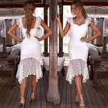 White Sleeveless Low-Cut Hollow-out Lace Sexy Skirt