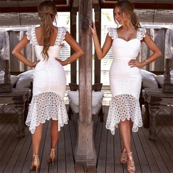 White Sleeveless Low-Cut Hollow-out Lace Sexy Skirt