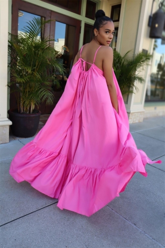 Pink Halter V-Neck Women Fashion Maxi Dress