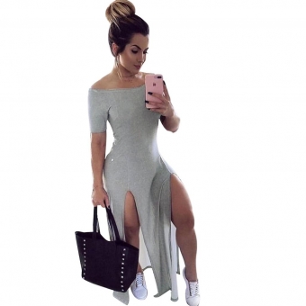 Grey Off-Shoulder Short Sleeve Sexy Women Slit Maxi Dress