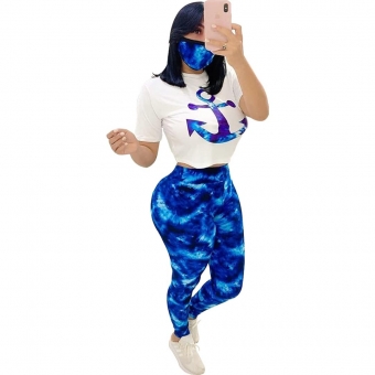 Blue Short Sleeve Navy Printed 2PCS Women Jumpsuit Sets