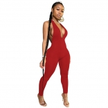 Red Halter Backless Deep V-Neck Women Party Sexy Jumpsuit