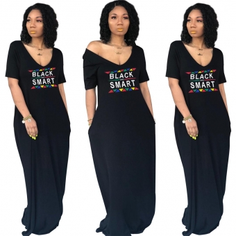 Black Short Sleeve Printed Women Fashion Dress