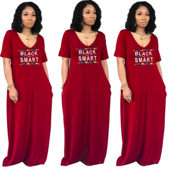 Red Short Sleeve Printed Women Fashion Dress
