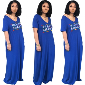 Blue Short Sleeve Printed Women Fashion Dress