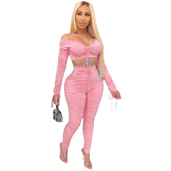 Pink Long Sleeve V-Neck Bandage Women Sexy Jumpsuit
