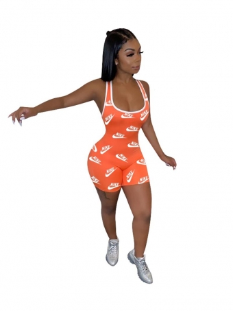 Orange Halter Low-Cut Printed Women Sexy Rompers