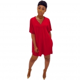 Red Short Sleeve V-Neck 2PCS Women Skirt Sets