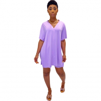 Purple Short Sleeve V-Neck 2PCS Women Skirt Sets