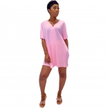 Pink Short Sleeve V-Neck 2PCS Women Skirt Sets
