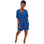 Blue Short Sleeve V-Neck 2PCS Women Skirt Sets
