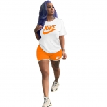 Orange Short Sleeve Printed 2PCS Sexy Short Sets
