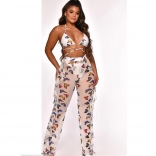 White Halter Printed Sexy Foral Women Jumpsuit With Pant
