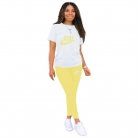 Yellow Short Sleeve Printed 2PCS Women Sports Dress