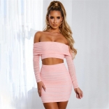 Pink Long Sleeve Mesh 2PCS Sexy Women Mini Dress