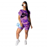 Purple Short Sleeve Printed O-Neck 2PCS Club Dress