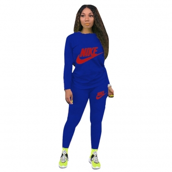 Blue Long Sleeve O-Neck Printed 2PCS Sport Dress