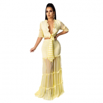 Yellow Short Sleeve Printed Chiffion 2PCS Women Maxi Dress
