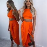 Orange Sleeveless 2PCS Women Slit Sexy Maxi Dress