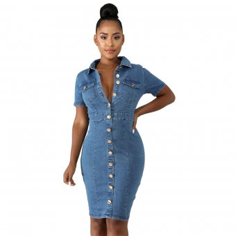 Blue Short Sleeve V-Neck Jeans Women Midi Dress