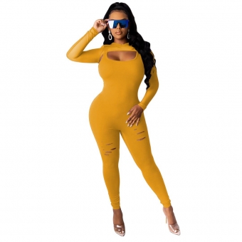 Long Sleeve Mesh Sexy Hollow-out Bodycon Jumpsuit