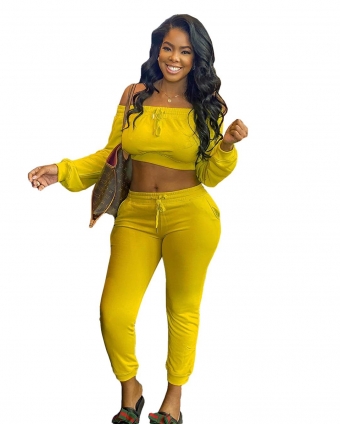 Yellow Long Sleeve Off-Shoulder 2PCS Women Fashion Jumpsuit