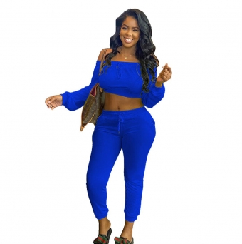 Blue Long Sleeve Off-Shoulder 2PCS Women Fashion Jumpsuit