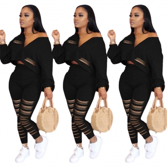 Black Long Sleeve V-Neck Hollow-out Bandage Sexy Jumpsuit