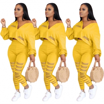 Yellow Long Sleeve V-Neck Hollow-out Bandage Sexy Jumpsuit