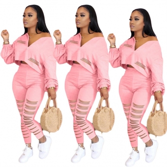 Pink Long Sleeve V-Neck Hollow-out Bandage Sexy Jumpsuit