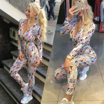 Colors Long Sleeve Printed Deep V-Neck Bodycon Sexy Jumpsuit