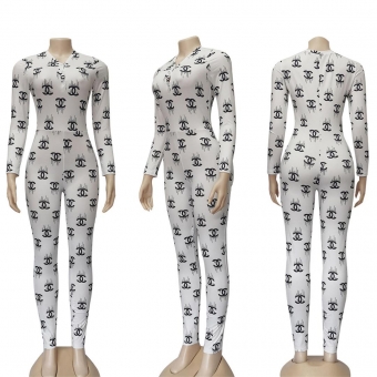 White Long Sleeve Printed Deep V-Neck Bodycon Sexy Jumpsuit