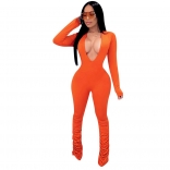 Orange LonG Sleeve Deep V-Neck Bodycons Women Jumpsuit
