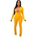 Yellow LonG Sleeve Deep V-Neck Bodycons Women Jumpsuit