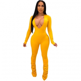 Yellow LonG Sleeve Deep V-Neck Bodycons Women Jumpsuit