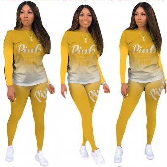 Yellow Long Sleeve Printed 2PCS Women Fashion Jumpsuit