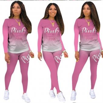 Pink Long Sleeve Printed 2PCS Women Fashion Jumpsuit