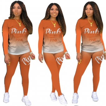 Orange Long Sleeve Printed 2PCS Women Fashion Jumpsuit