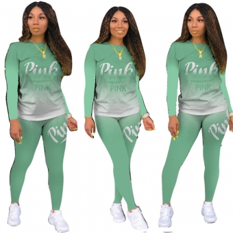 Light Green Long Sleeve Printed 2PCS Women Fashion Jumpsuit