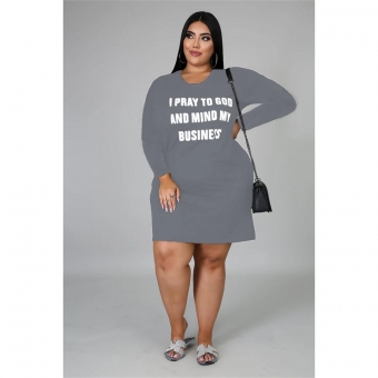 Grey Long Sleeve Printed Women Plus Size Mini Dress
