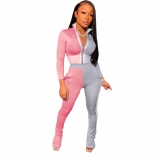 Pink Grey Long Sleeve Zipper Deep V-Neck 2PCS Women Sports Dress
