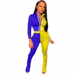 Blue Yellow Long Sleeve Zipper Deep V-Neck 2PCS Women Sports Dress
