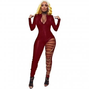 Red Long Sleeve Zipper Sexy Bandage Metal Chains Sexy Jumpsuit
