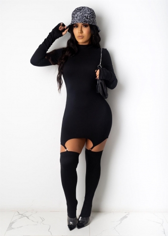 Black Long Sleeve Bodycons Zipper Sexy Mini Dress With Stockings
