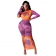 Orange Long Sleeve Printed Mesh Women Midi Dress