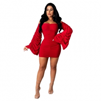 Red Long Sleeve Off-shoulder Women Fashion Mini Dress