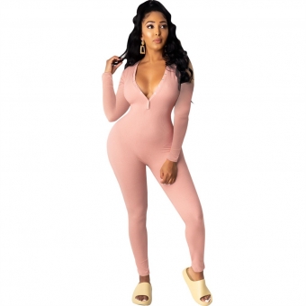 Pink Long Sleeve Deep V-Neck Bodycons Sexy Jumpsuit