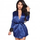 Blue Long Sleeve Women Sexy Back Lace Sleepwear
